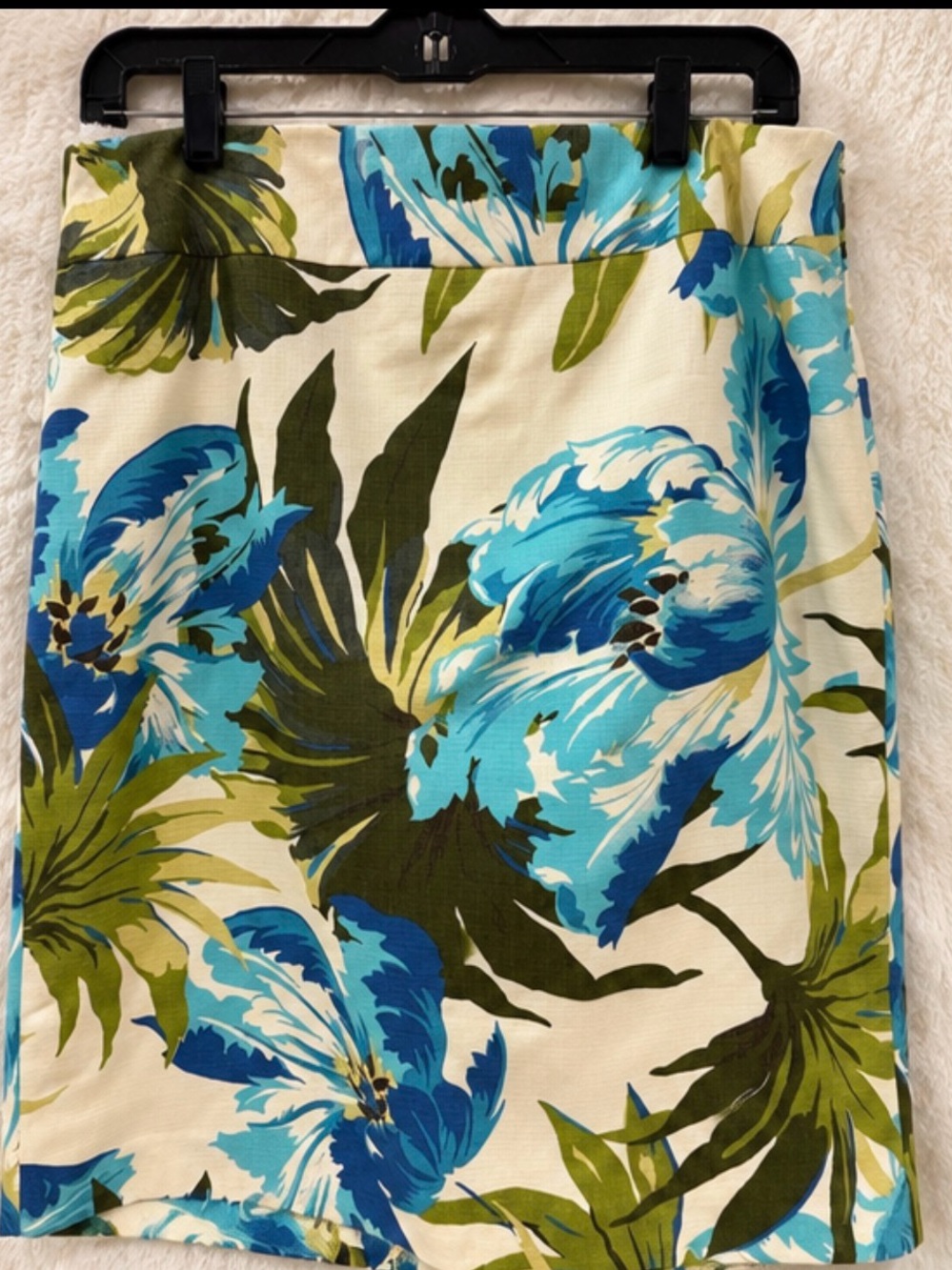 LOFT Cream Floral Pencil Skirt with Blue and Green Botanicals